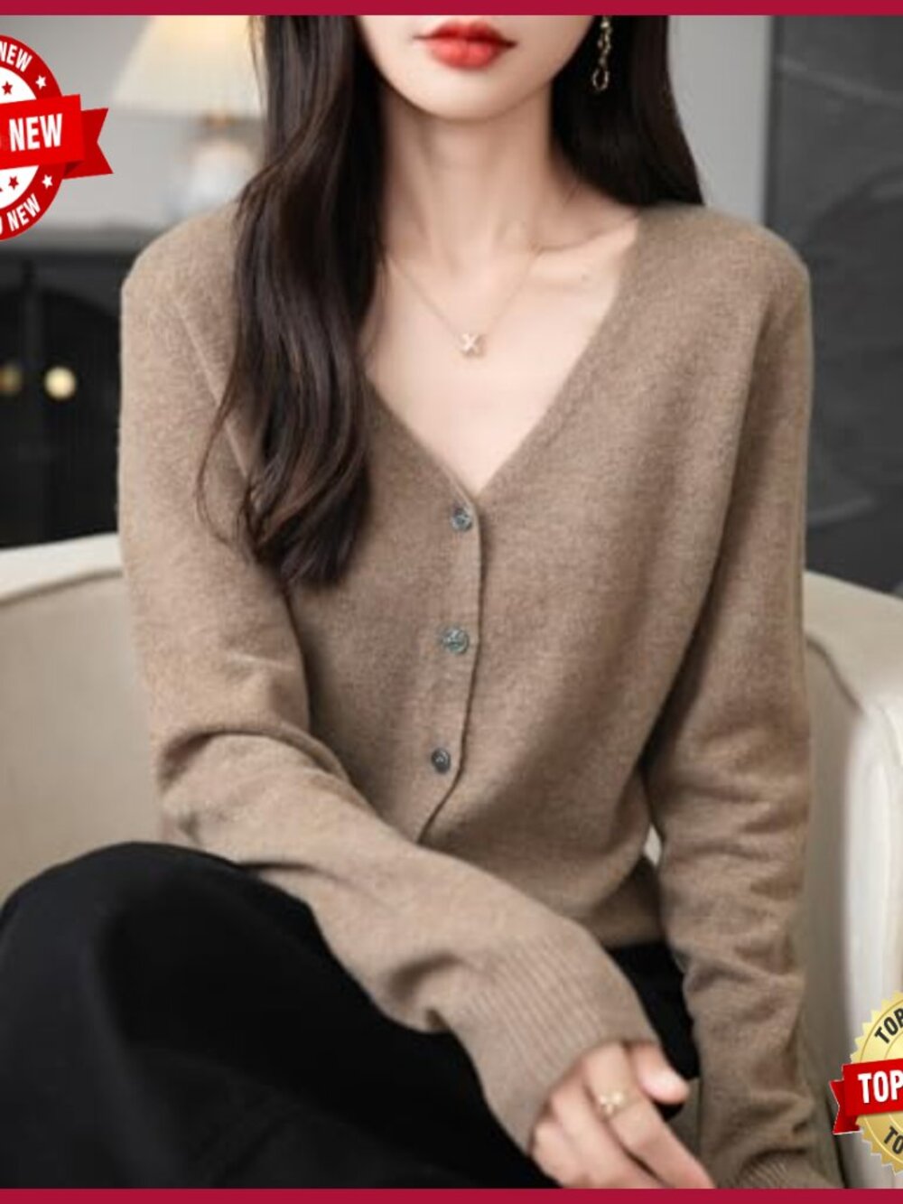 Women's 100% Merino Wool V-Neck Long Sleeve Lightweight Cardigan Sweater - Picture 2 of 6